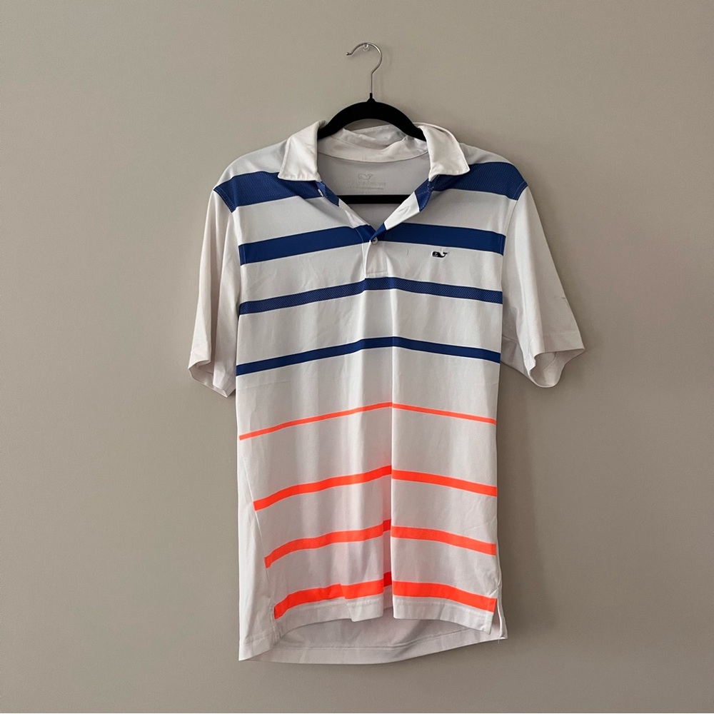 White with Blue and orange stripes vineyard vines polo